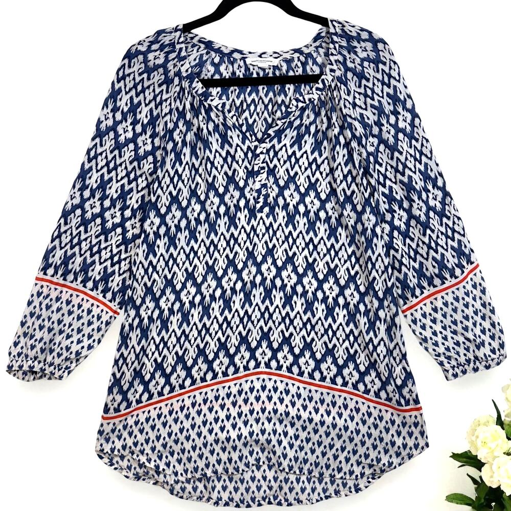 BeachLunchLounge S‎ Boho Ikat Tunic Top Blue White Lightweight Coastal Vaca Chic